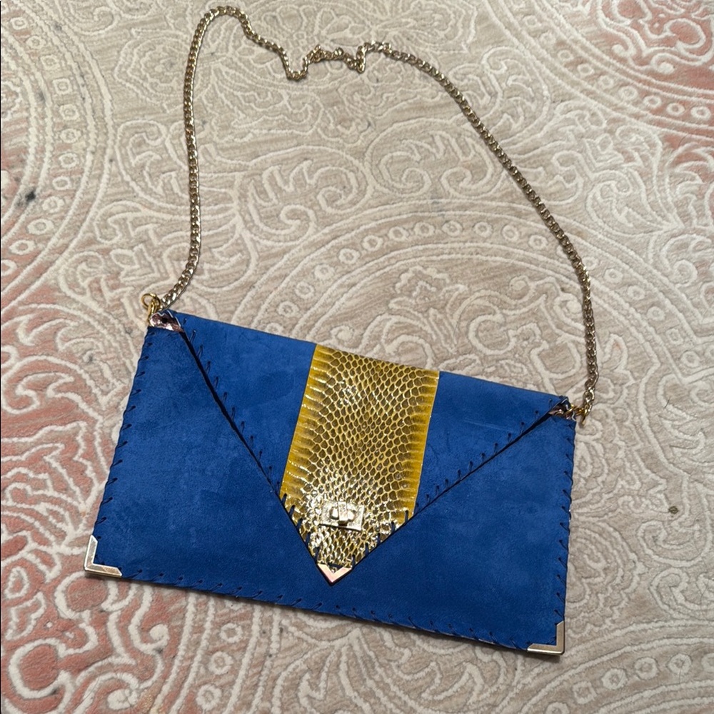 Blue and Gold Chain leather oversized Clutch